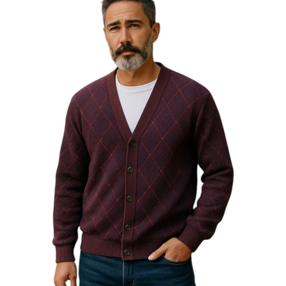 Vintage Other - Vtg Cardigan wool blend Italian Made burgundy herringbone grandpa sweater sz M